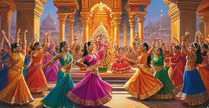 A lively traditional Indian dance performance at a Hindu festival, with dancers in colorful attire and a decorated temple in the background.
