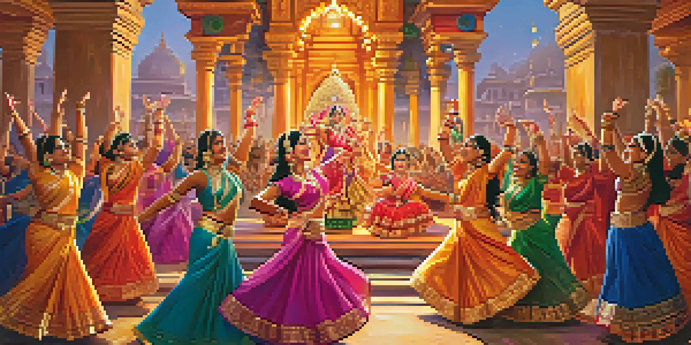 A lively traditional Indian dance performance at a Hindu festival, with dancers in colorful attire and a decorated temple in the background.