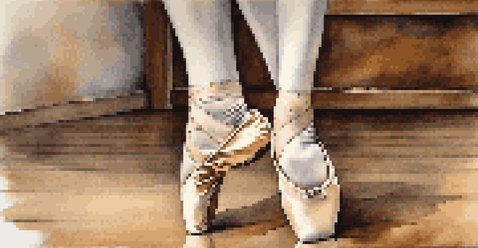 A close-up of a dancer's feet in ballet shoes on a wooden stage, emphasizing the texture and poise.