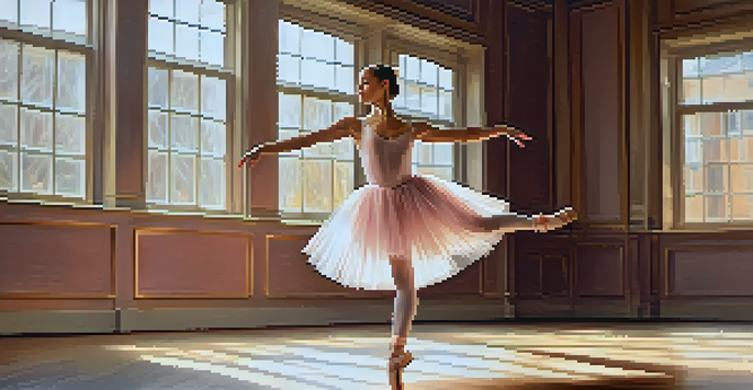 A ballerina in a pink tutu performing a pirouette on stage, with warm light and a blurred audience in the background.