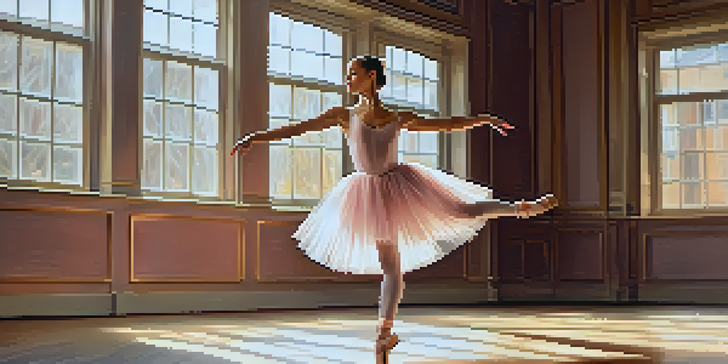 A ballerina in a pink tutu performing a pirouette on stage, with warm light and a blurred audience in the background.