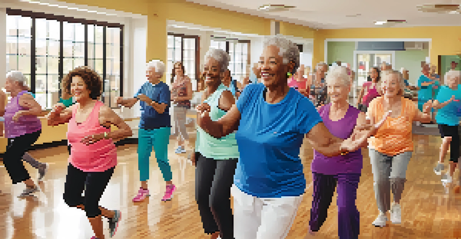 A group of older adults enjoying a Zumba Gold class in a bright community center.