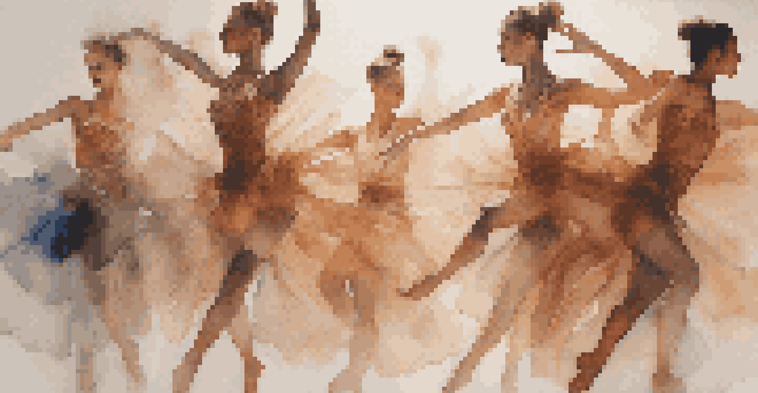Dancers in motion with motion sensors, surrounded by abstract visual projections, illuminated by warm lighting.