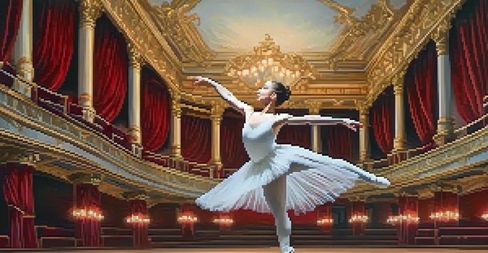 A female ballet dancer in a white tutu performing mid-leap in an ornate theater with warm lighting and red velvet curtains.
