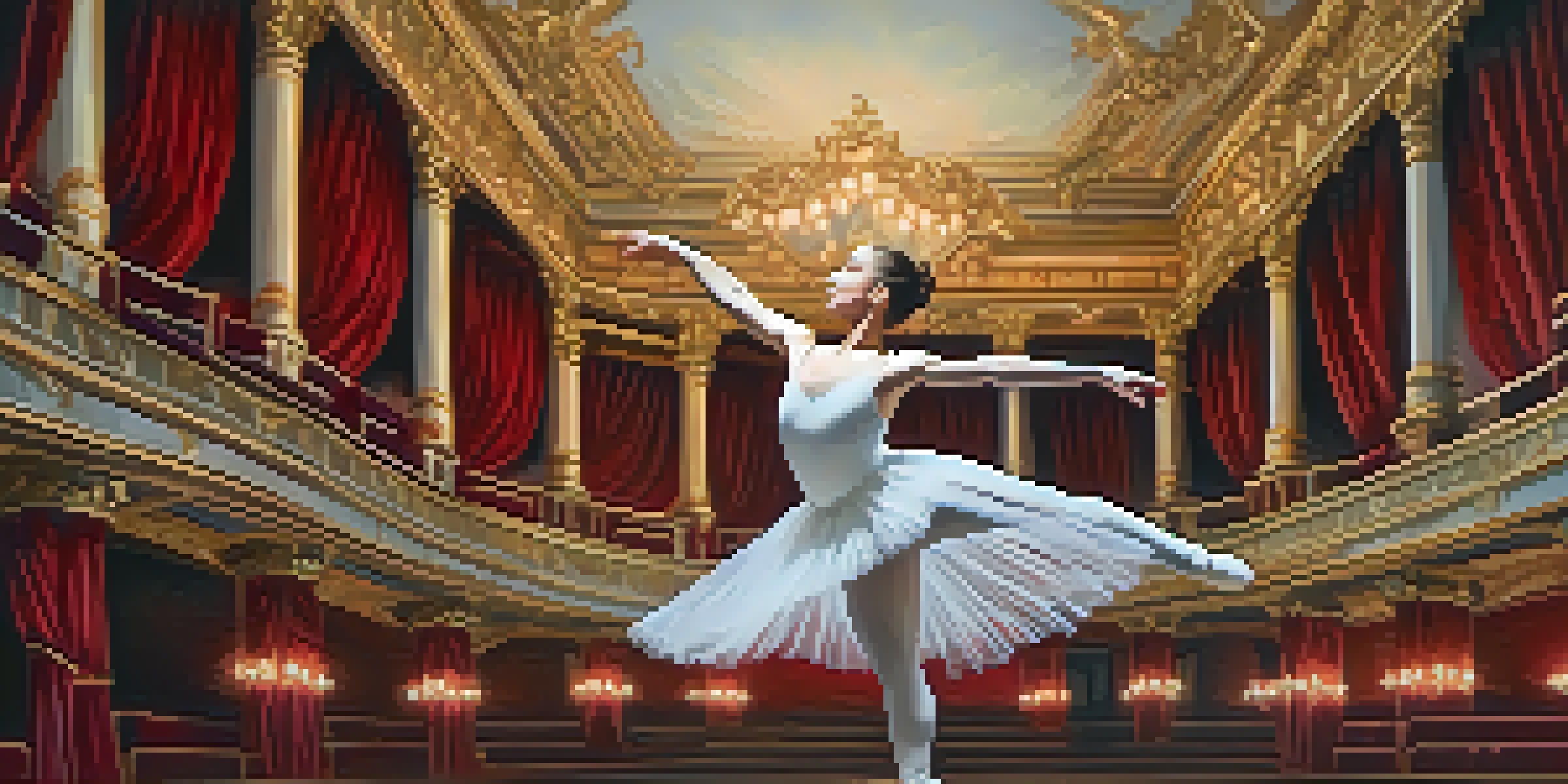 A female ballet dancer in a white tutu performing mid-leap in an ornate theater with warm lighting and red velvet curtains.