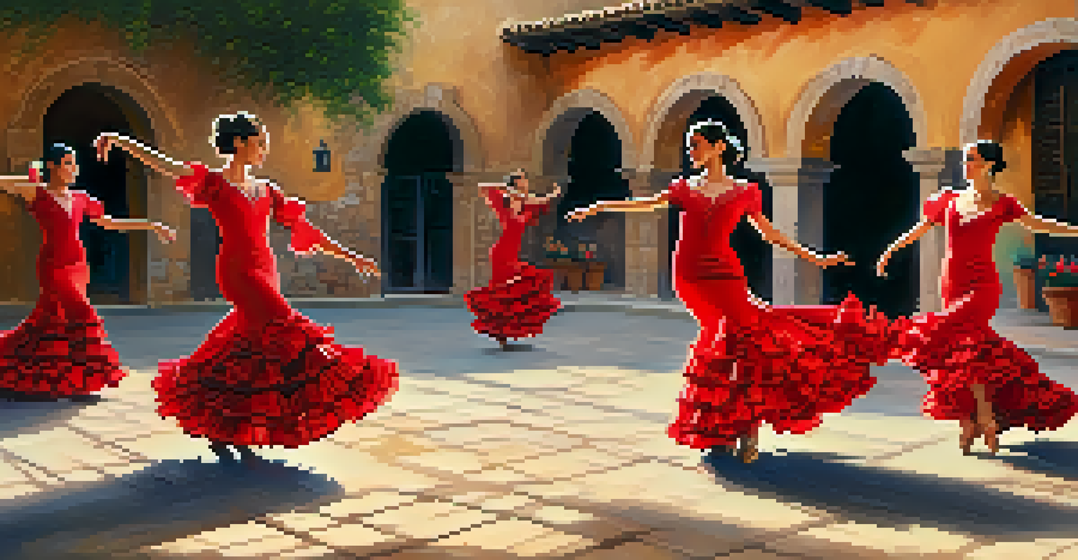 Group of Flamenco dancers in colorful dresses performing in a rustic Spanish courtyard with stone walls and flower pots.