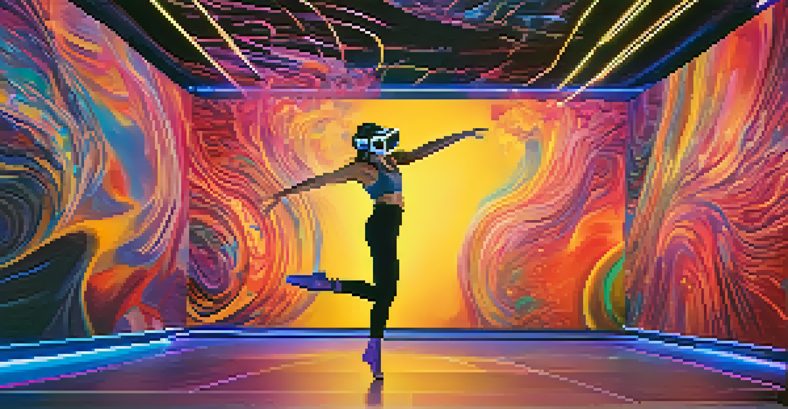 A dancer performing in a futuristic virtual reality environment with vibrant colors and abstract shapes.