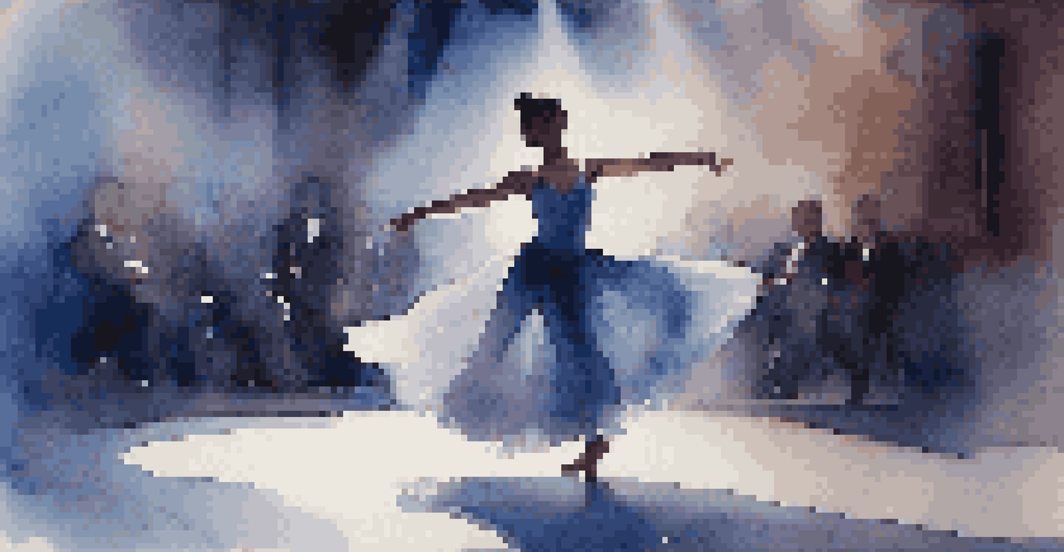A solo dancer in a flowing costume performs under a spotlight, with a blurred audience in the background.
