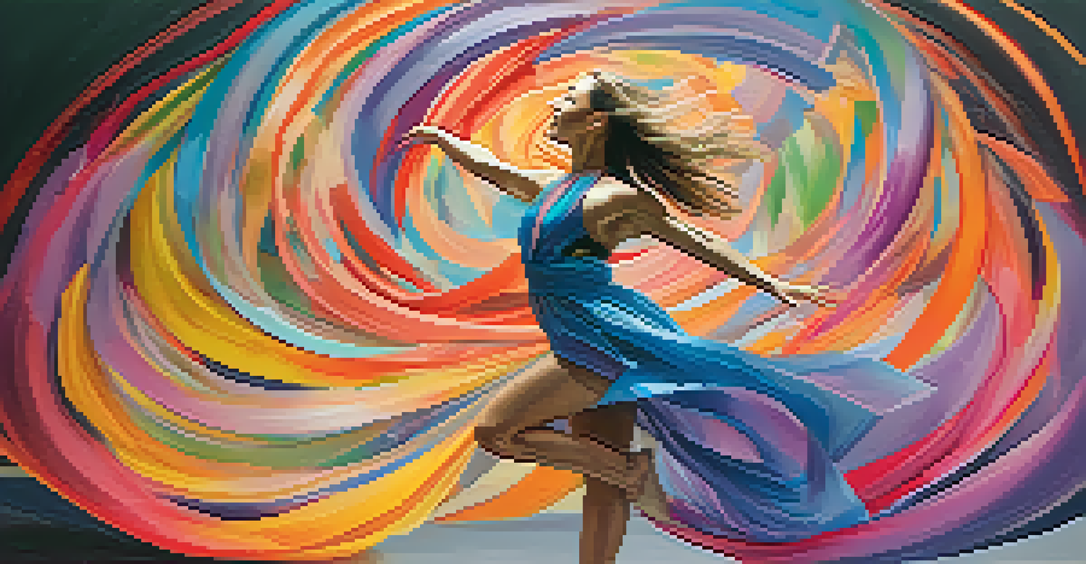 An abstract image depicting a central dancer in motion, surrounded by vibrant colors and geometric shapes representing gender fluidity.