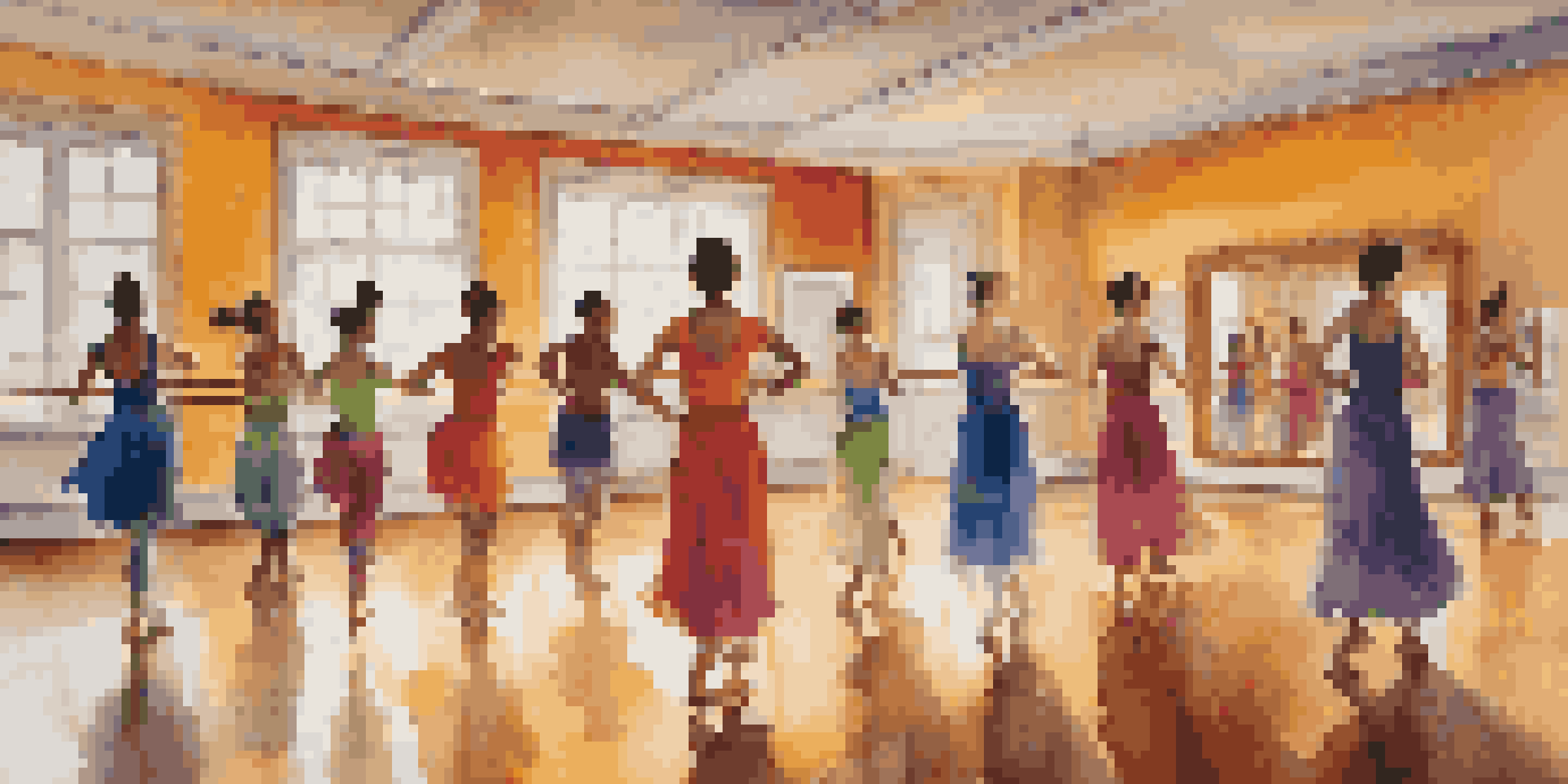 A lively dance studio showcasing dancers from different cultures practicing together, surrounded by cultural artifacts and mirrors reflecting their movements.
