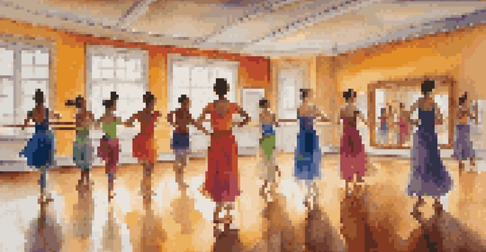 A lively dance studio showcasing dancers from different cultures practicing together, surrounded by cultural artifacts and mirrors reflecting their movements.