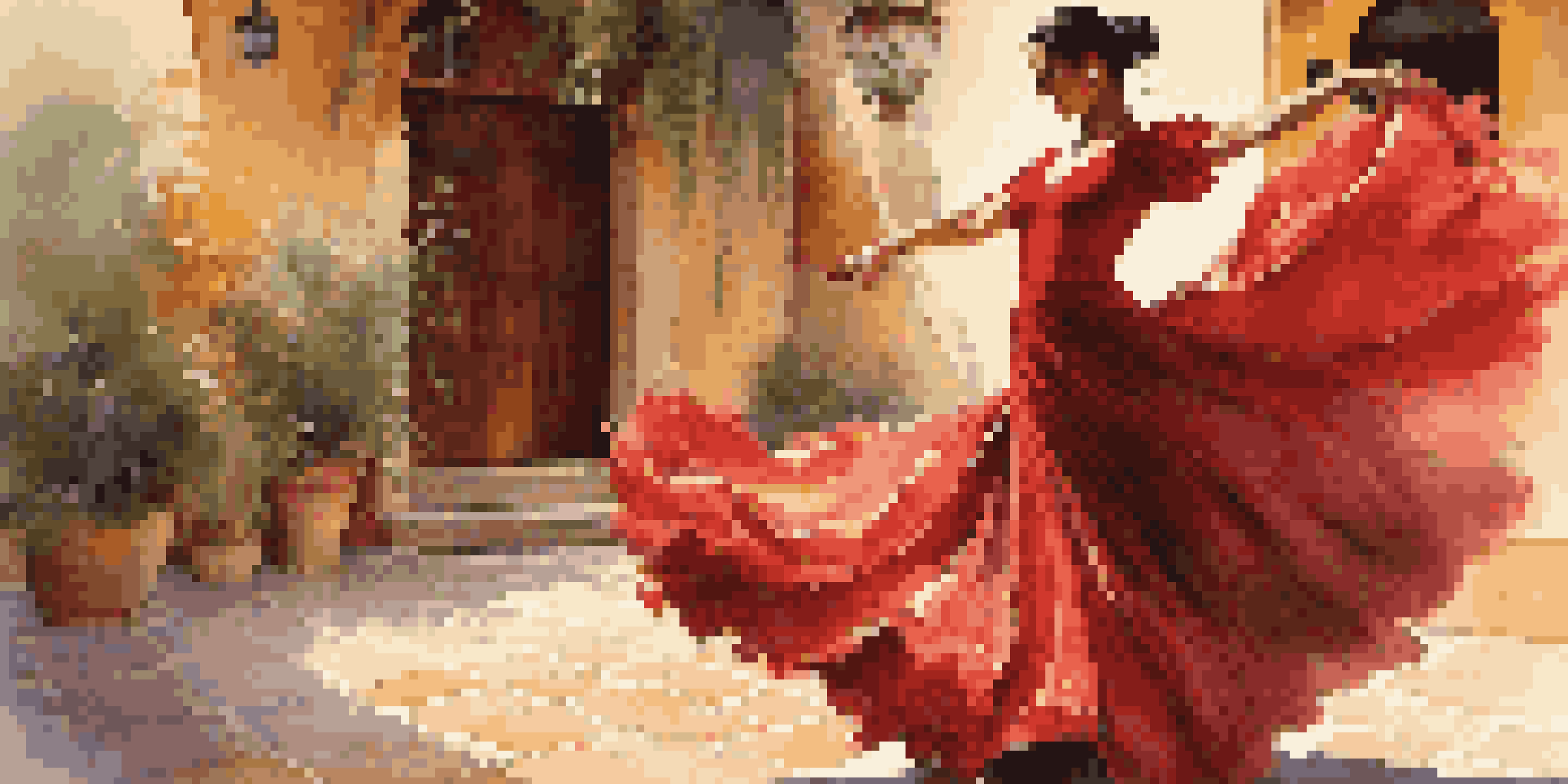 A Flamenco dancer in a flowing red dress performing in a rustic Spanish courtyard.