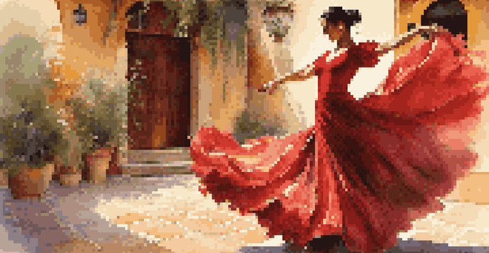 A Flamenco dancer in a flowing red dress performing in a rustic Spanish courtyard.