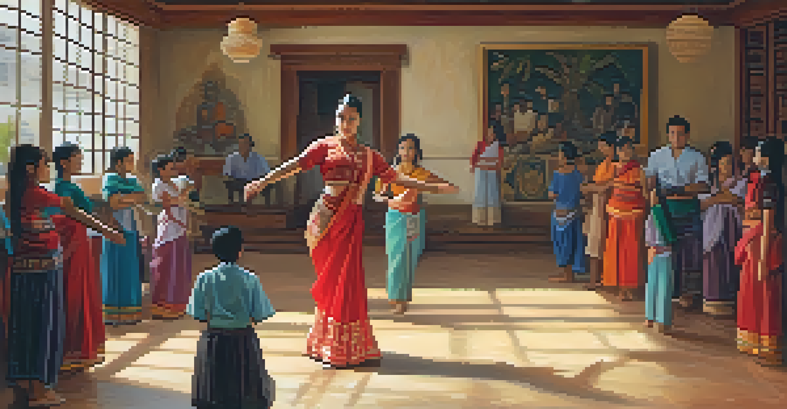 A guest artist performing a traditional dance in a workshop setting, with students watching attentively and cultural artifacts decorating the space.