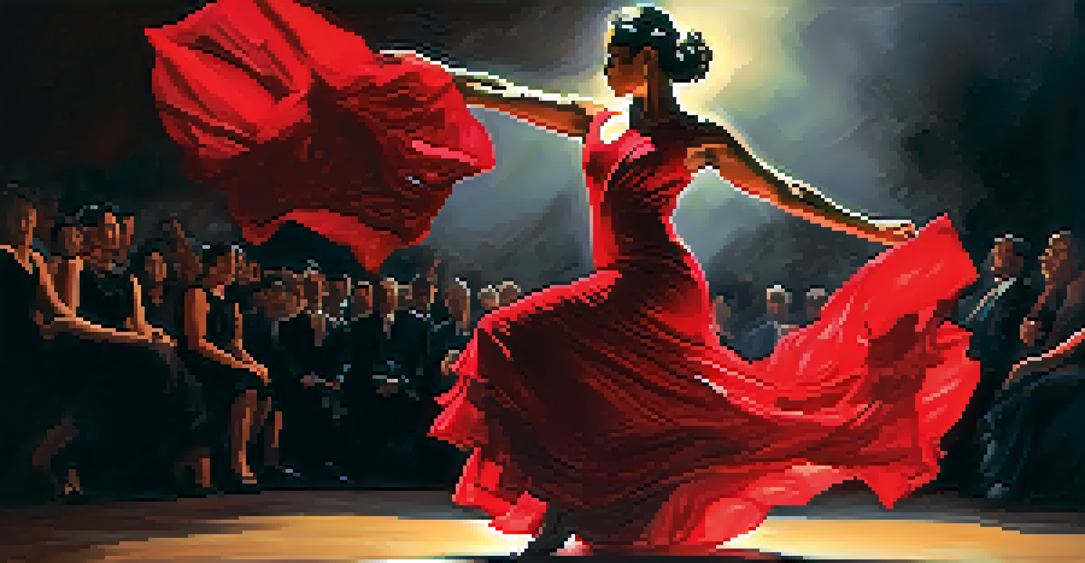 A Flamenco dancer in a red dress performing passionately on stage, with expressive movements and a dramatic lighting backdrop.
