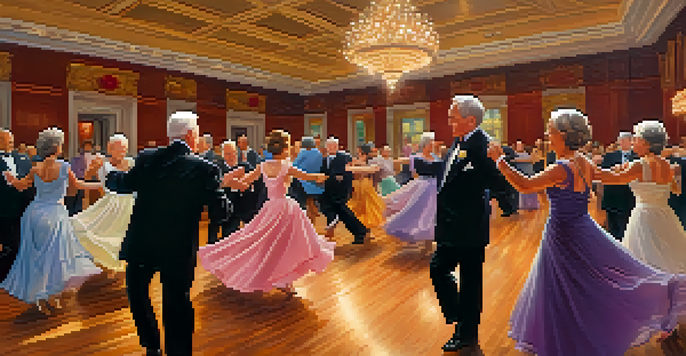 Seniors dancing joyfully in a colorful ballroom with warm lighting and decorations.