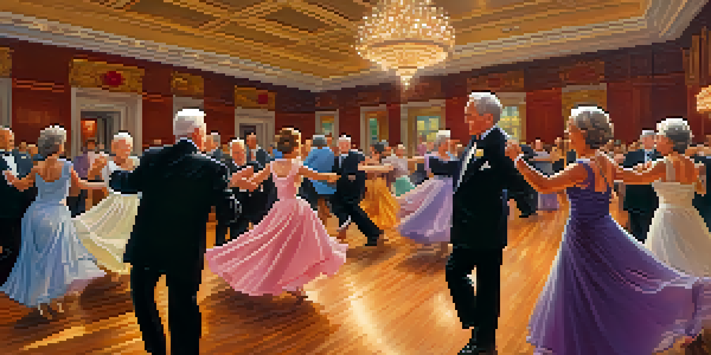 Seniors dancing joyfully in a colorful ballroom with warm lighting and decorations.