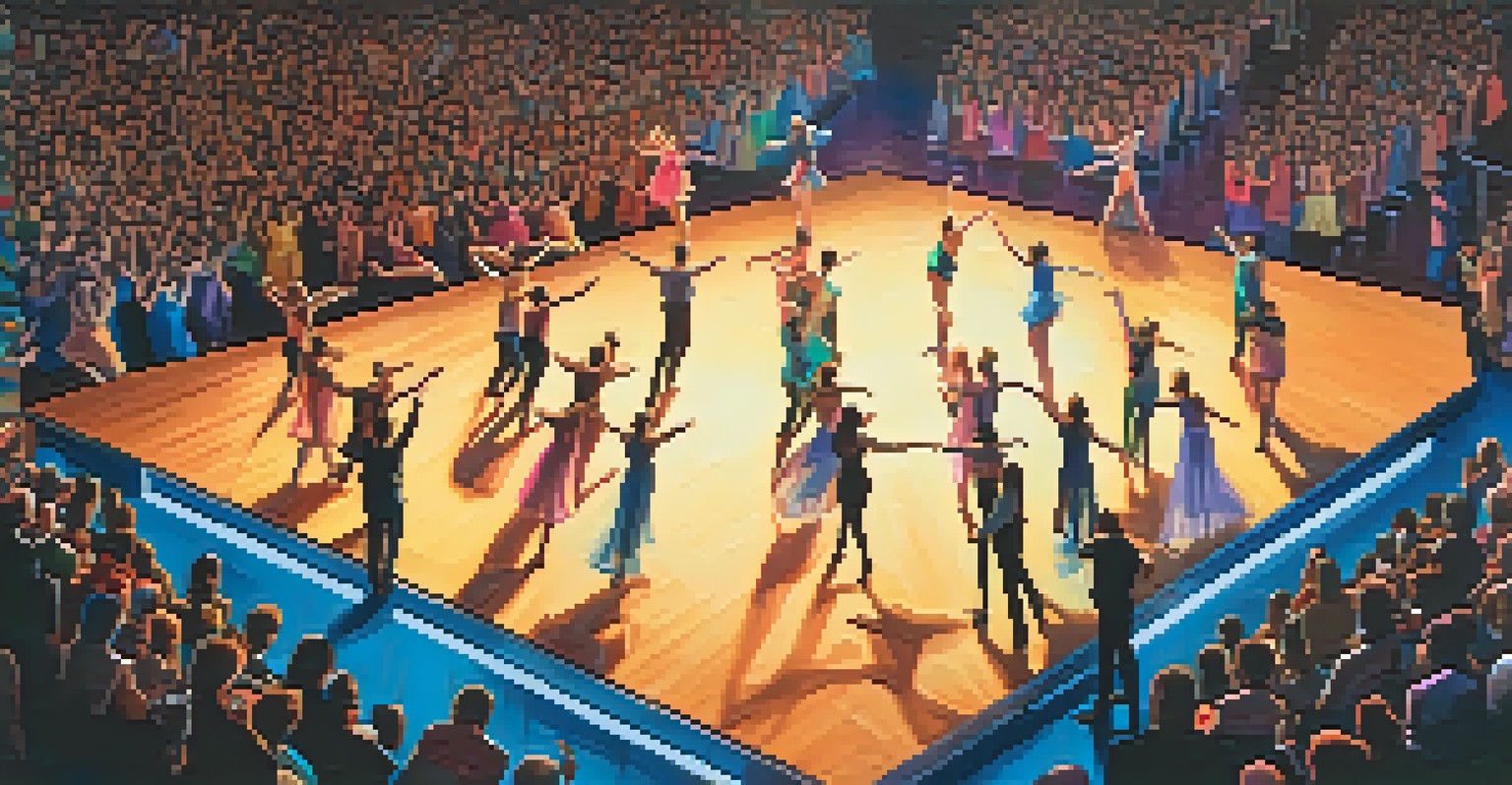 An aerial view of dancers performing on stage under colorful lights, with an engaged audience in the background.