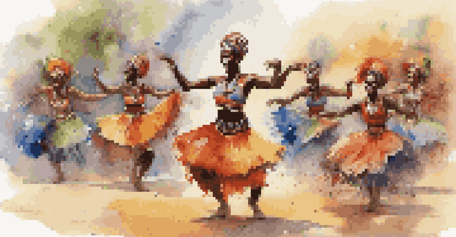 A group of dancers in vibrant costumes performing traditional African dance in a lively atmosphere.
