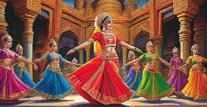 A traditional Indian dance performance with dancers in colorful costumes and a temple backdrop, illuminated by warm light.