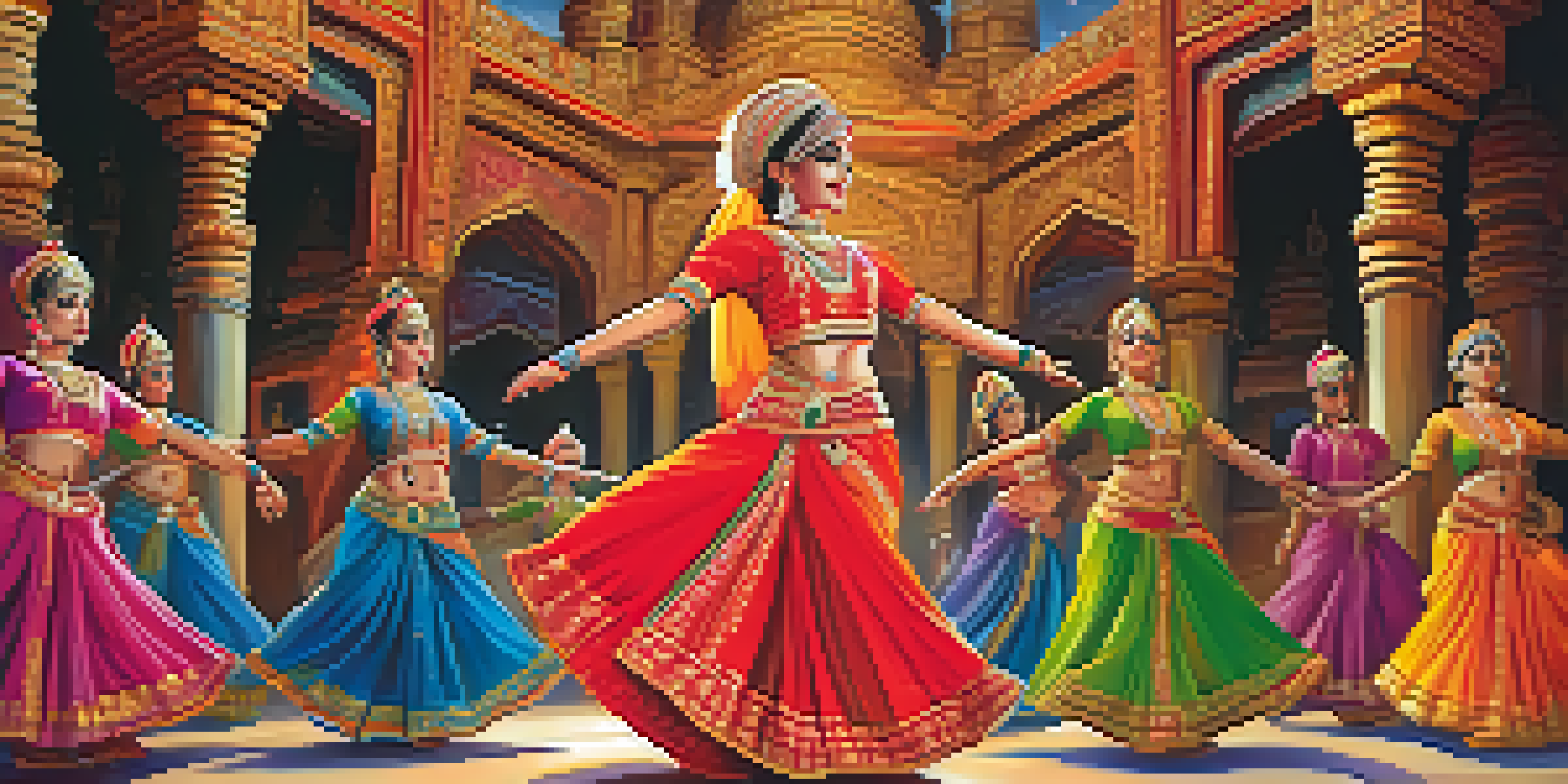 A traditional Indian dance performance with dancers in colorful costumes and a temple backdrop, illuminated by warm light.