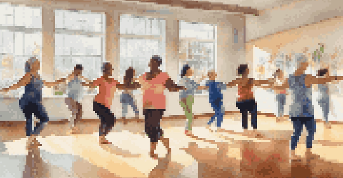 A diverse group of participants joyfully engaging in a dance therapy class in a bright and sunlit studio.
