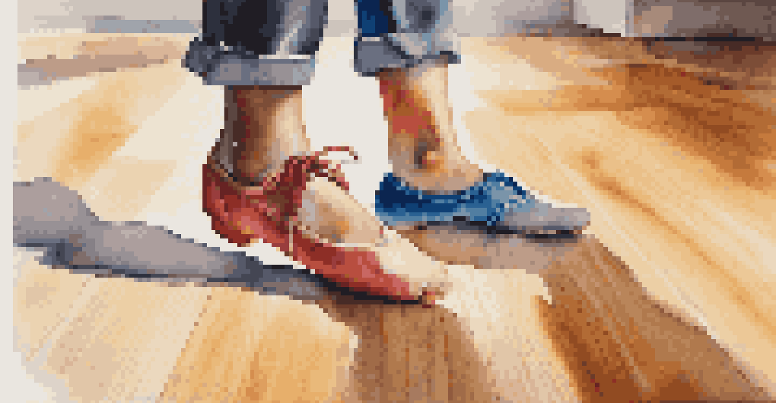 A close-up of a student's feet in colorful dance shoes in motion on a wooden studio floor.