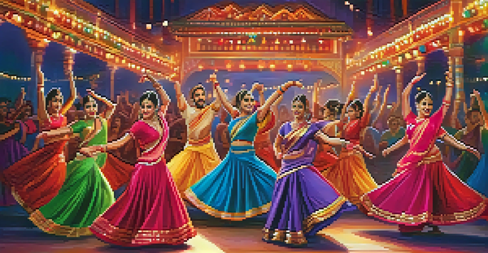 A lively group of dancers in colorful outfits performing a Bollywood dance in a festive setting, with lights and an enthusiastic audience.