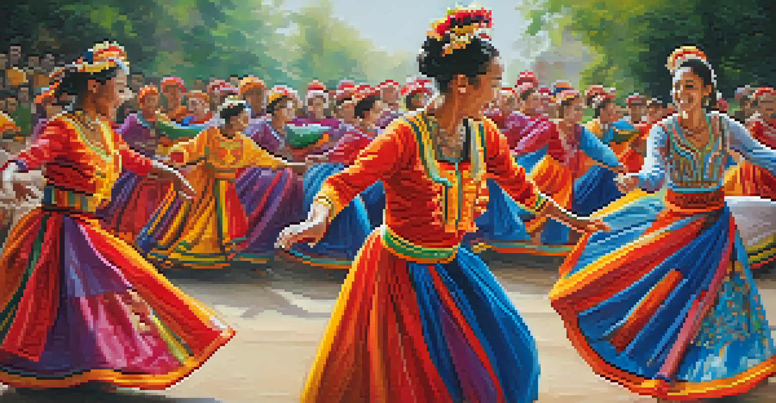A close-up of dancers in traditional folk costumes performing with joy, highlighting their colorful outfits and expressions.
