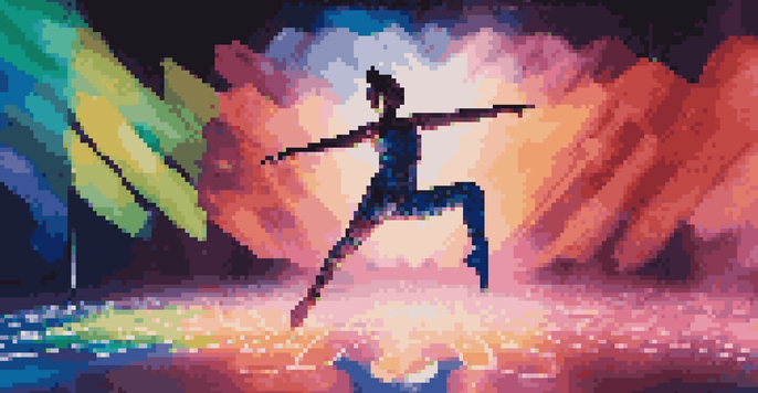 A dancer in mid-air on stage, surrounded by colorful projected visuals that create a digital landscape, with soft dramatic lighting casting shadows.