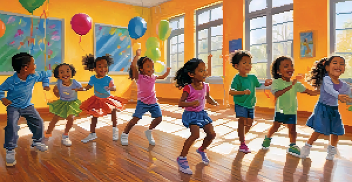 A lively classroom with children of different ethnicities dancing together, showcasing joy and engagement in a colorful environment.