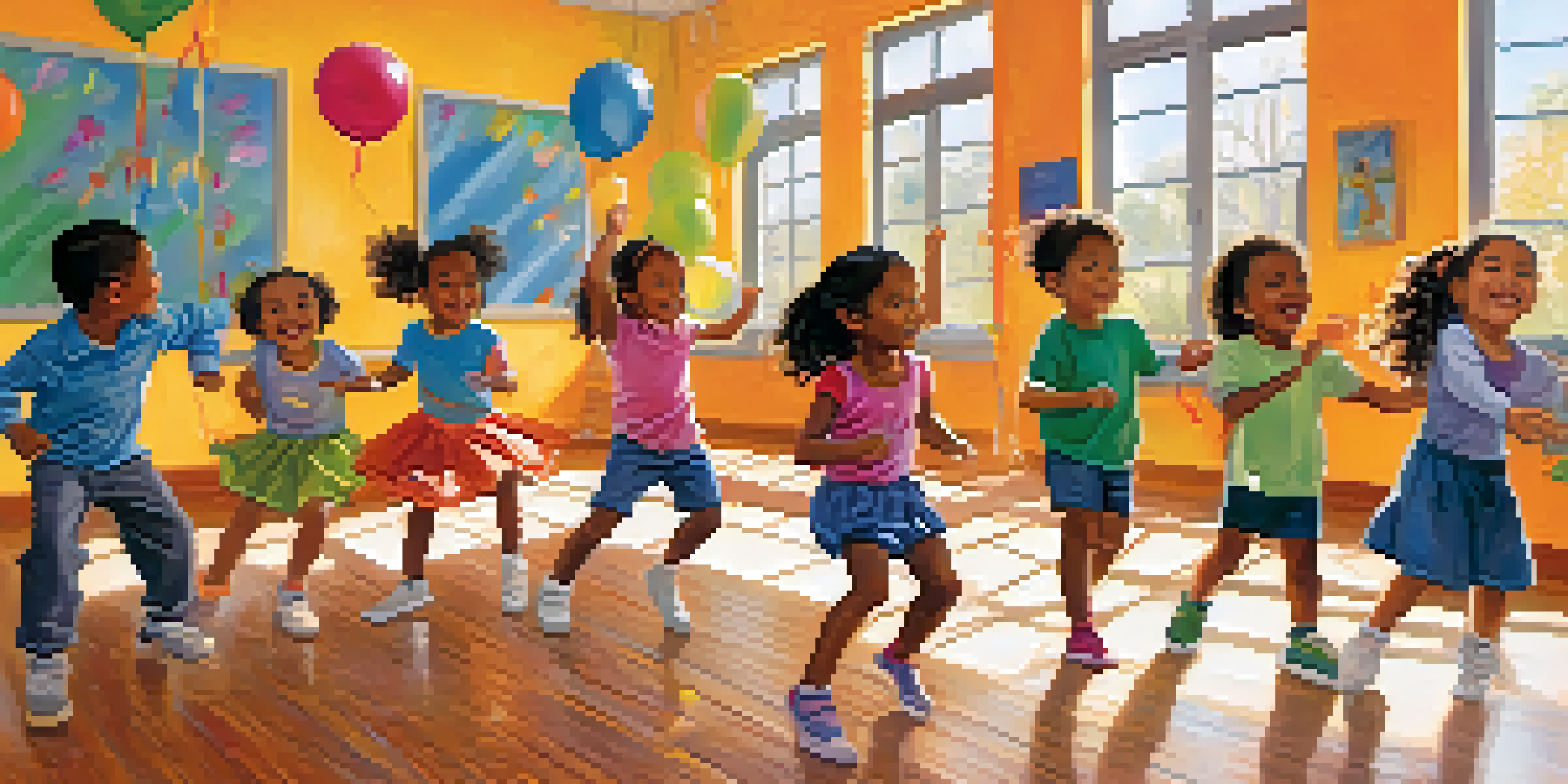 A lively classroom with children of different ethnicities dancing together, showcasing joy and engagement in a colorful environment.