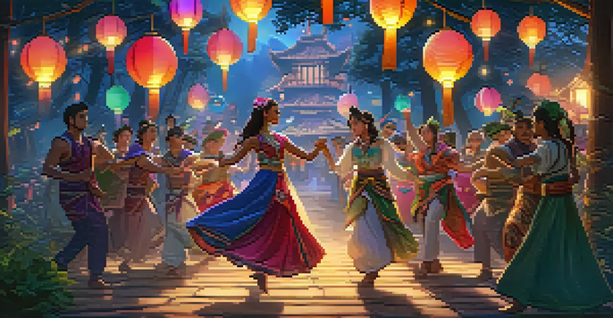 A lively fantasy dance scene with characters in traditional costumes dancing under colorful lanterns in an enchanted forest.