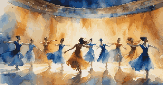 A dynamic dance performance with dancers in colorful costumes under dramatic lighting, depicting an immersive 360-degree experience.