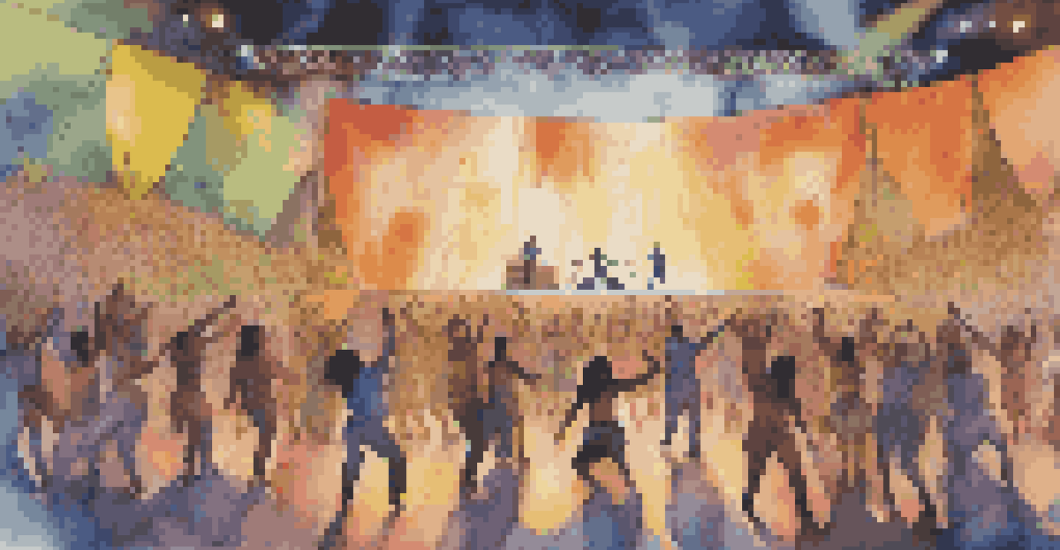 A vibrant dance festival with performers on stage depicting climate change themes, while an engaged audience watches with environmental awareness banners in the background.