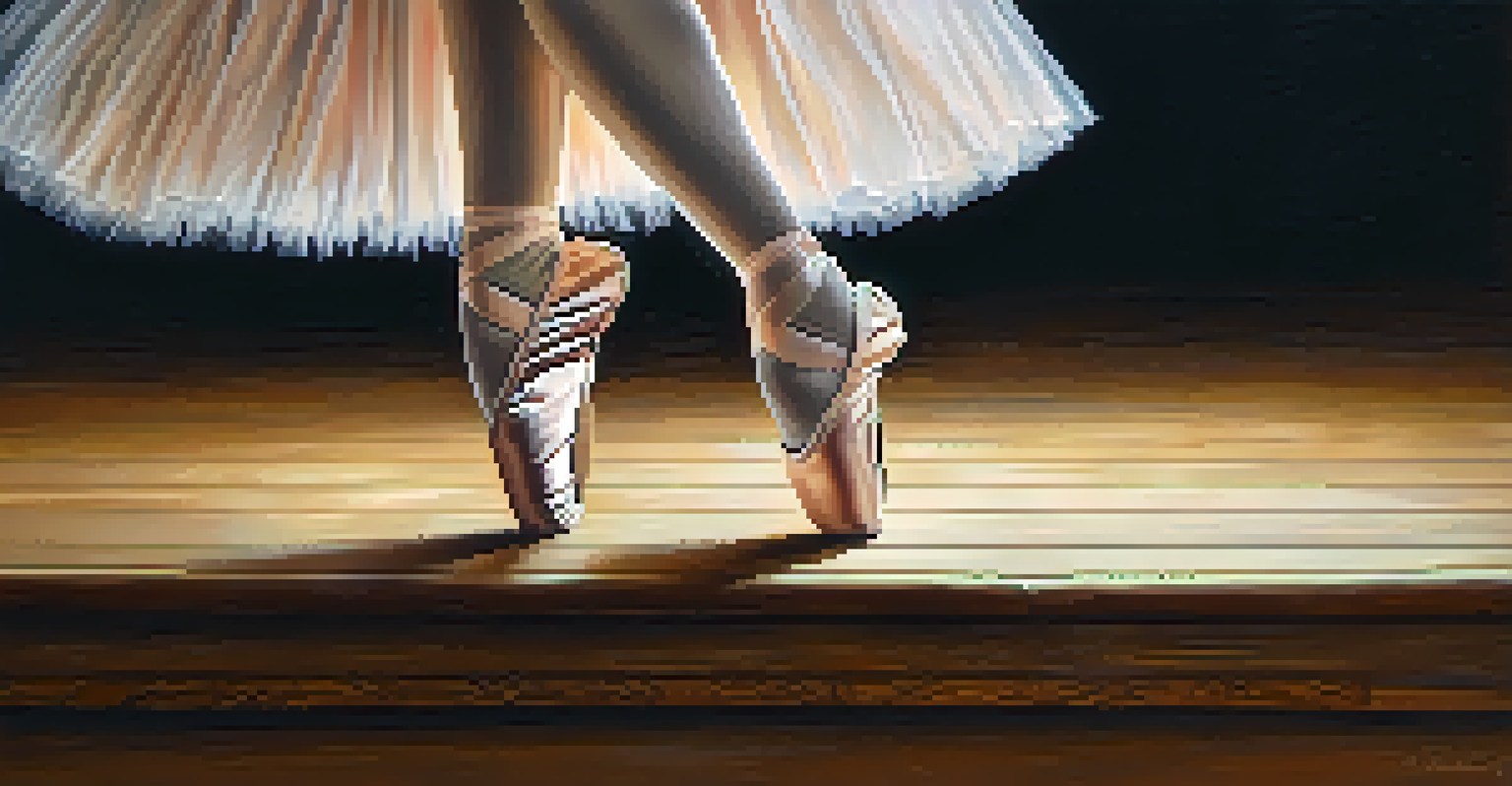 Close-up of a dancer's feet in ballet shoes on a wooden stage, showcasing the delicate tutu fabric and intricate shoe details under warm lighting.