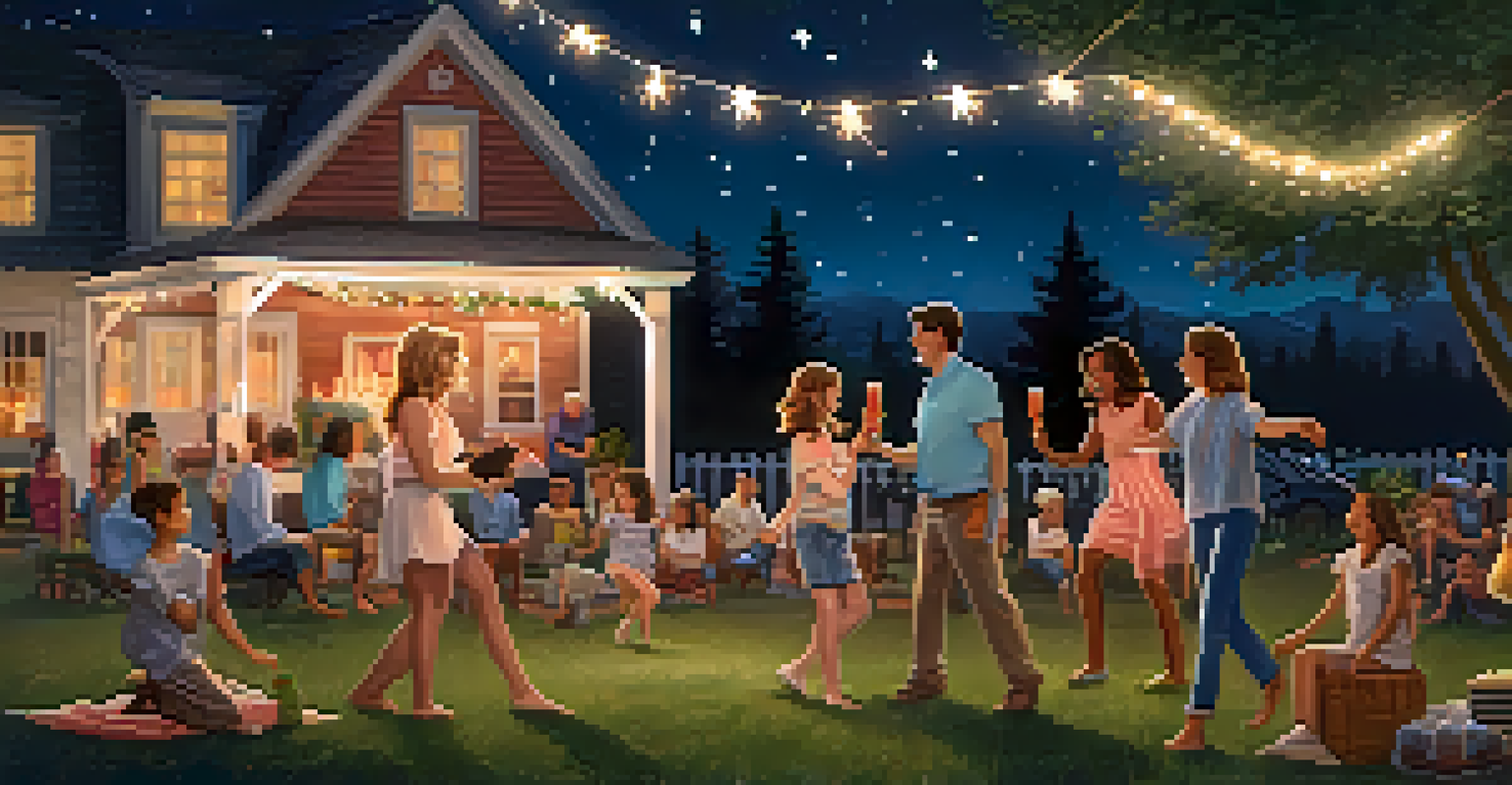 A family dancing outdoors under string lights at night, with a picnic blanket on the grass and twinkling stars above.