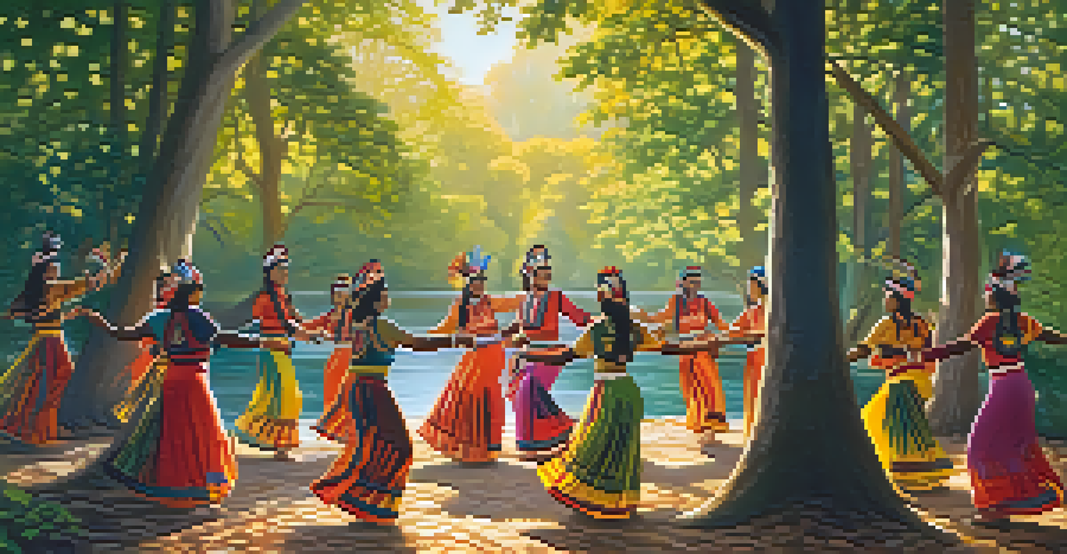 An indigenous dance circle performing in nature, surrounded by trees and water, highlighting cultural traditions and environmental respect.