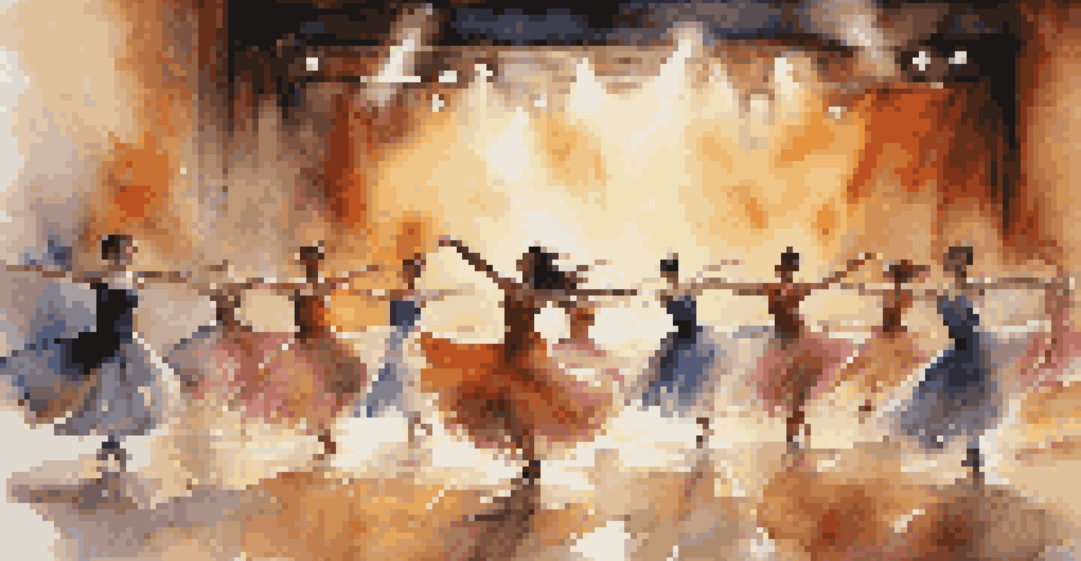 A group of dancers performing on stage in flowing costumes, illuminated by dramatic lighting, with an artistically designed backdrop enhancing the scene.
