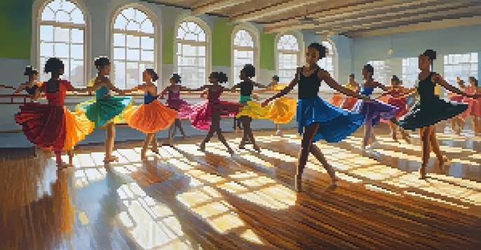 A colorful dance studio with diverse dancers practicing various dance styles under natural light.