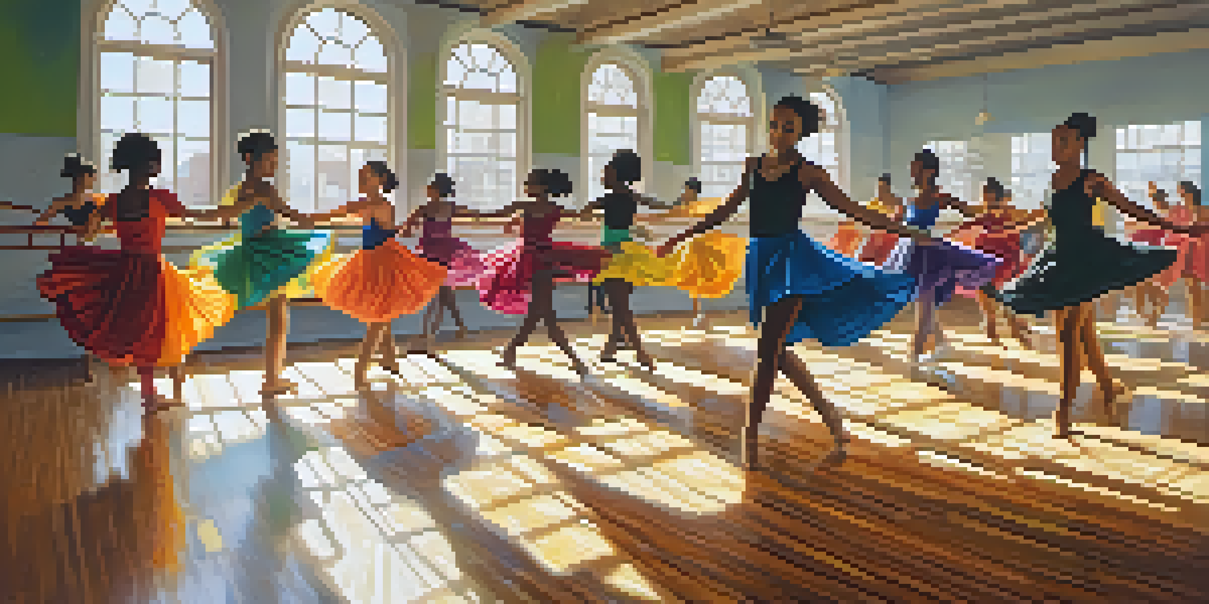 A colorful dance studio with diverse dancers practicing various dance styles under natural light.