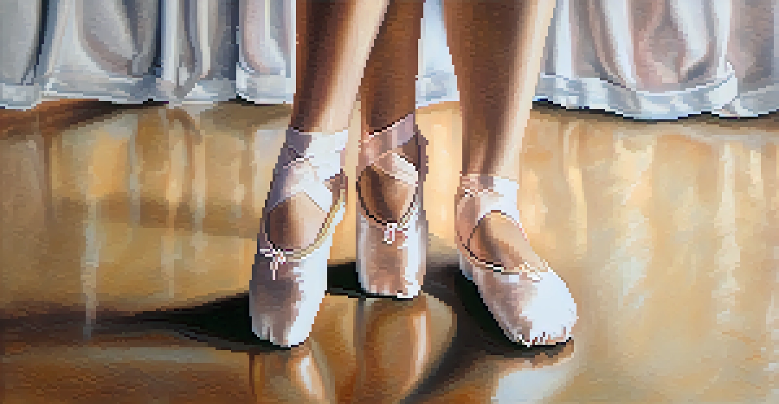 Close-up of a ballerina's feet in first position, highlighting her ballet slippers and the dance studio background.