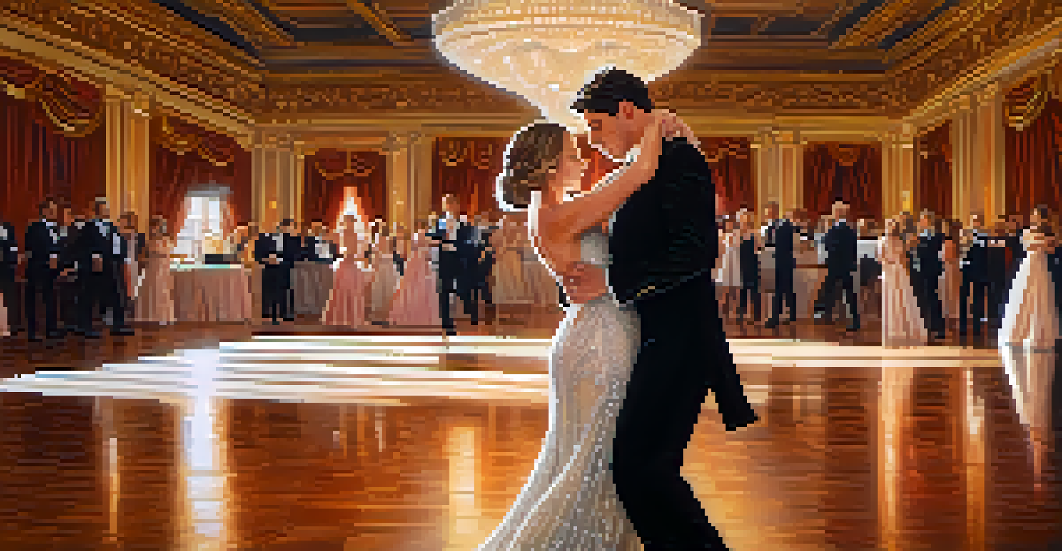 A couple slow dancing in a beautifully decorated ballroom, with soft lighting and elegant chandeliers.