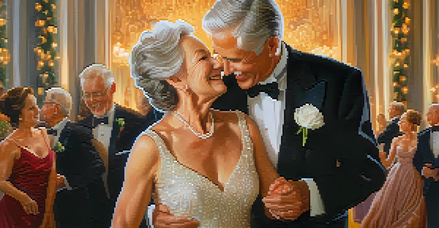 A joyful senior couple dancing closely together in a beautifully lit ballroom, showcasing their connection through dance.