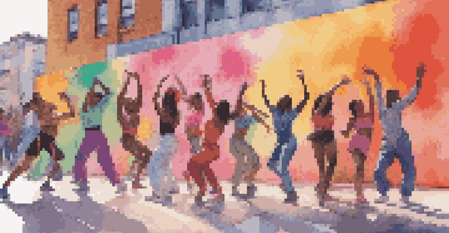 A group of LGBTQ+ dancers performing voguing in an urban setting with colorful graffiti, showcasing dynamic poses and bright costumes.