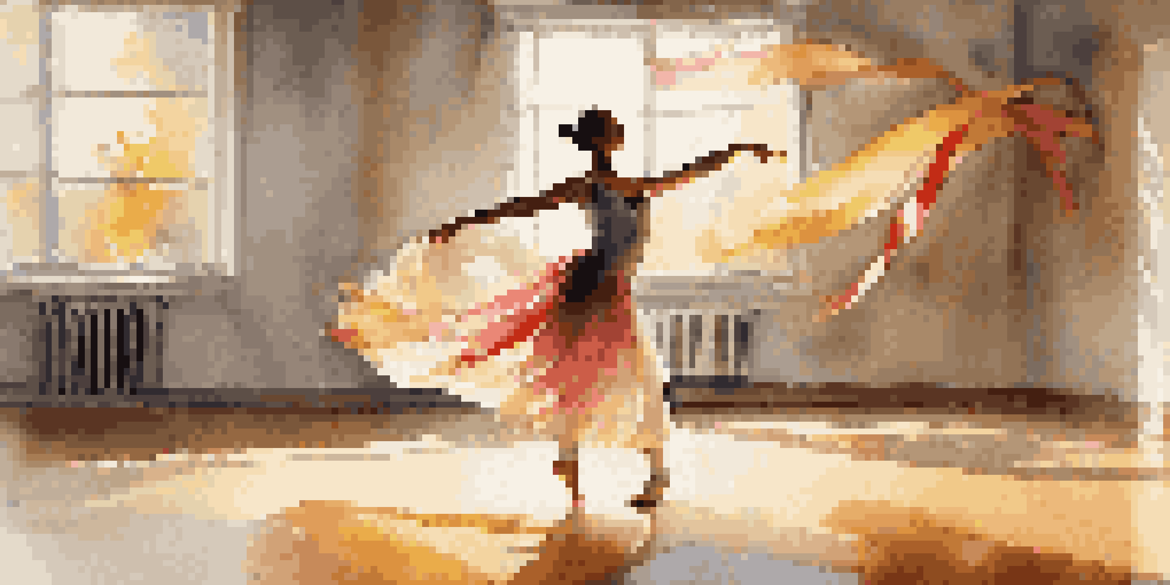 A dancer in a sunlit studio expressing joy through fluid movements, with colorful ribbons hanging from the ceiling.