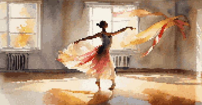 A dancer in a sunlit studio expressing joy through fluid movements, with colorful ribbons hanging from the ceiling.