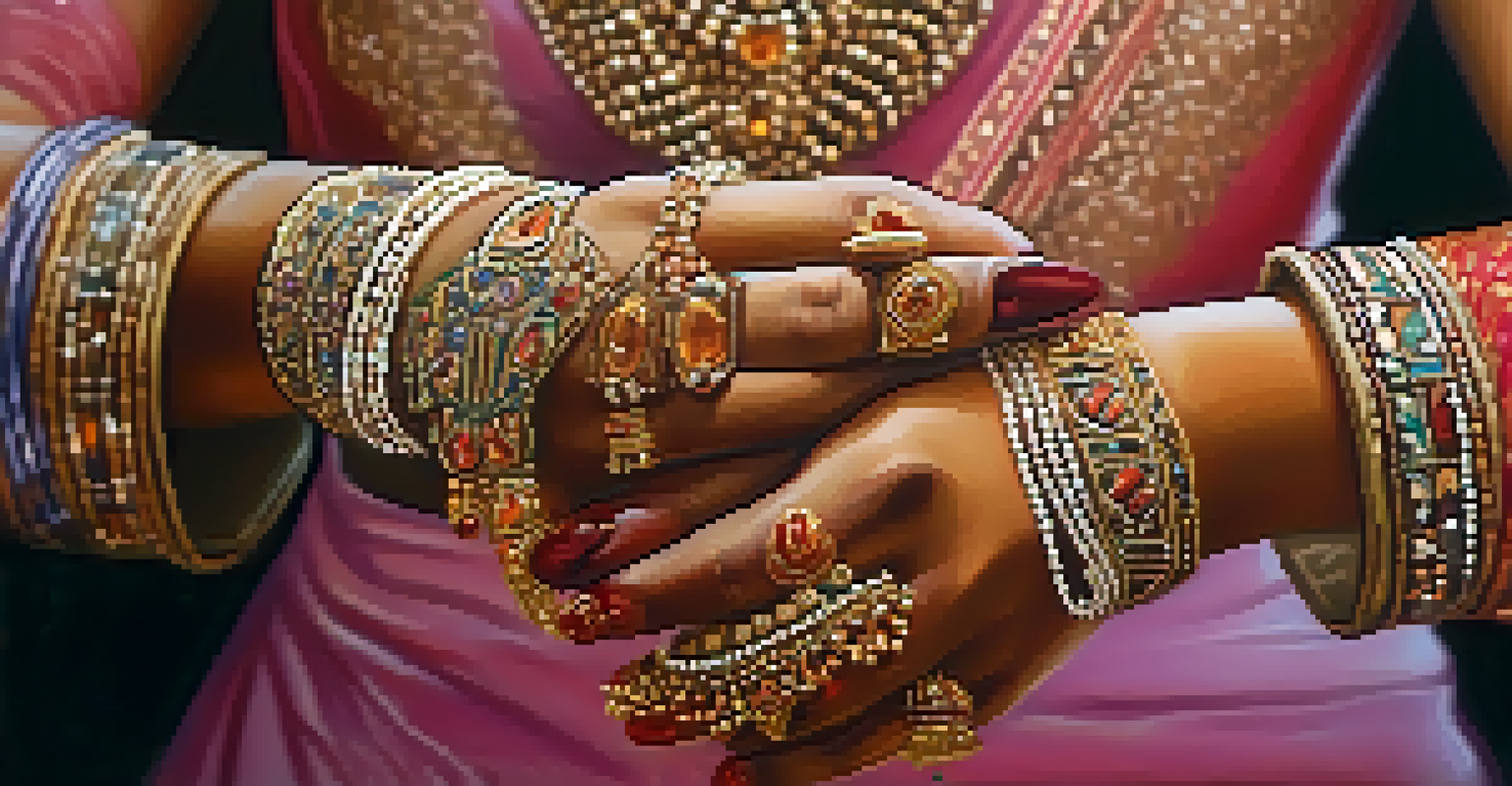 A close-up image of a dancer's hands displaying intricate hand gestures in Bollywood dance, with traditional jewelry and a blurred background.