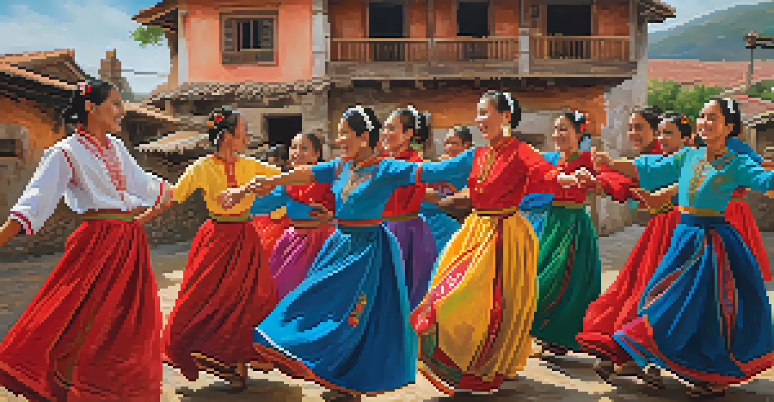 A group of folk dancers in traditional attire celebrating in a picturesque village setting, displaying joy and connection.