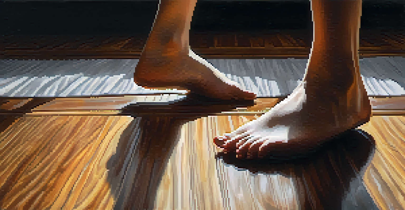 Close-up of a dancer's feet in motion on a wooden floor, showcasing the connection between movement and the physical space.